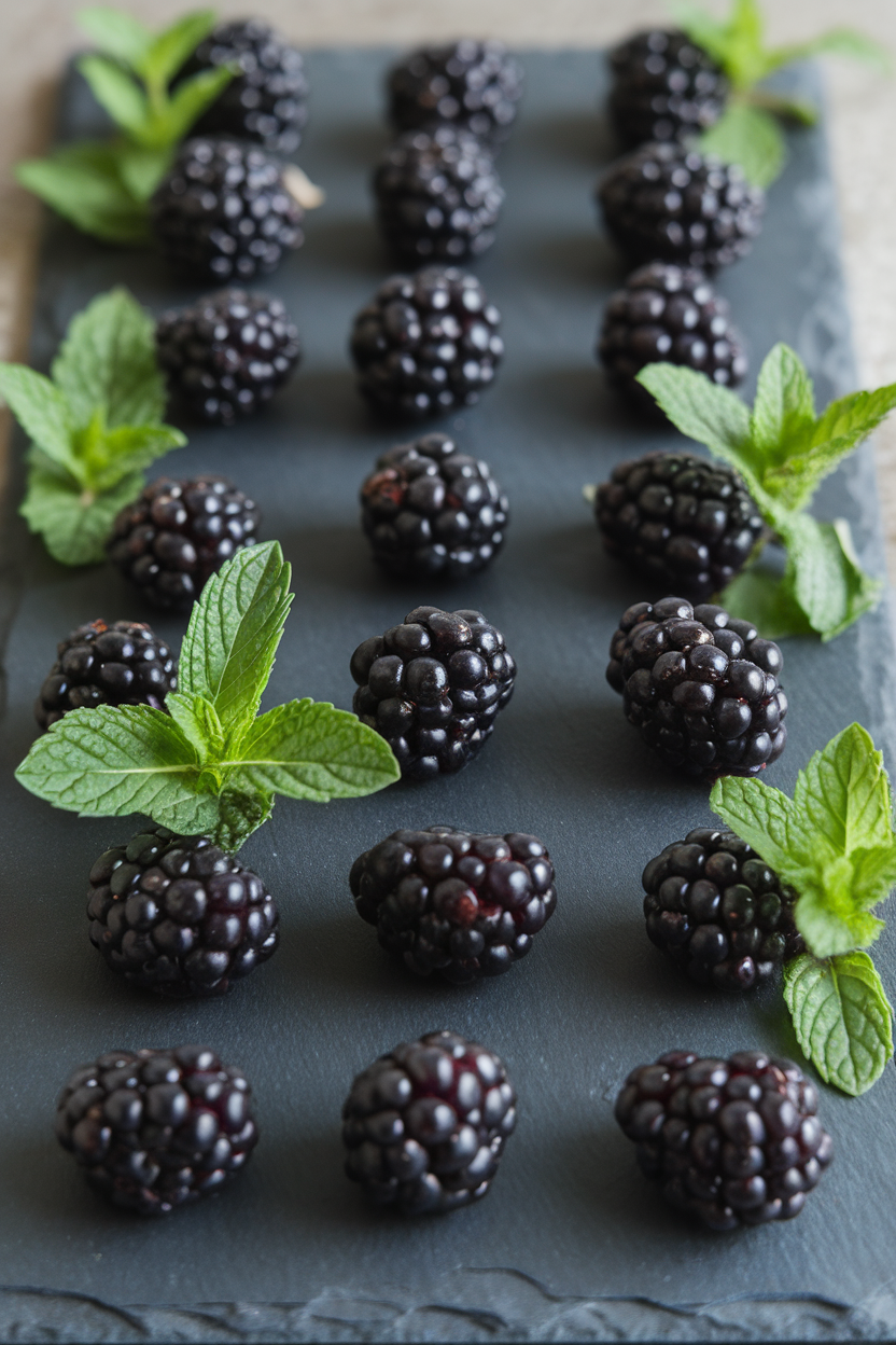 A rectangular slate indoors dotted with glossy blackberries arranged in clusters, bright mint leaves interspersed for contrast. No text or logos.