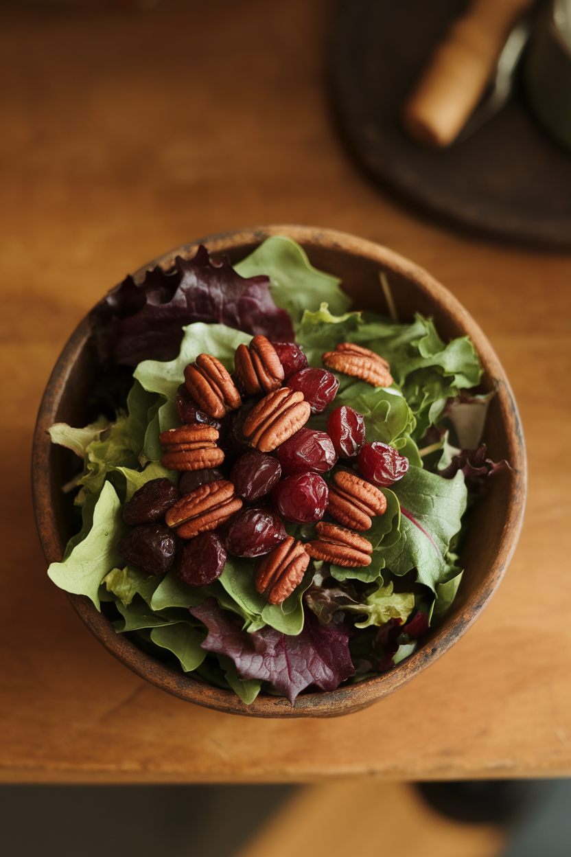 Indoor photo of mixed greens topped with blistered roasted grapes and toasted pecans in a rustic bowl; overhead view, no text or logos.