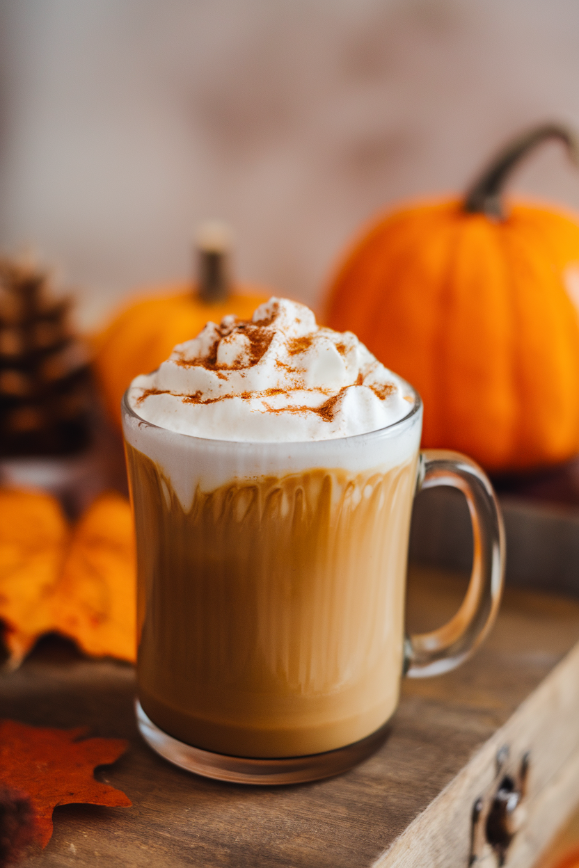 An indoor coffee mug filled with frothy pumpkin latte mocktail topped with whipped cream and cinnamon sprinkle, no text or logos. Photo.</Prompt