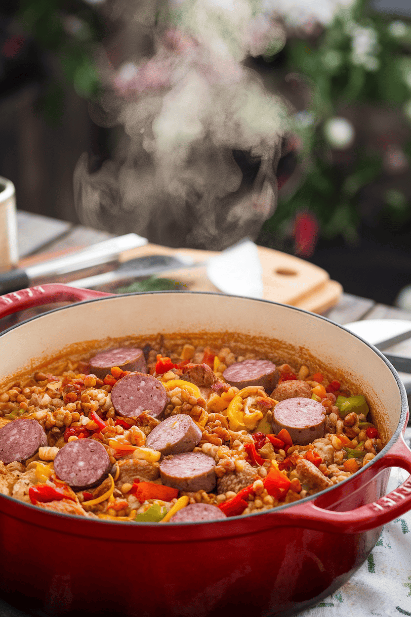 Indoor photo of colorful jambalaya with sausage, chicken, and peppers in a Dutch oven, steam visible; no text or logos.