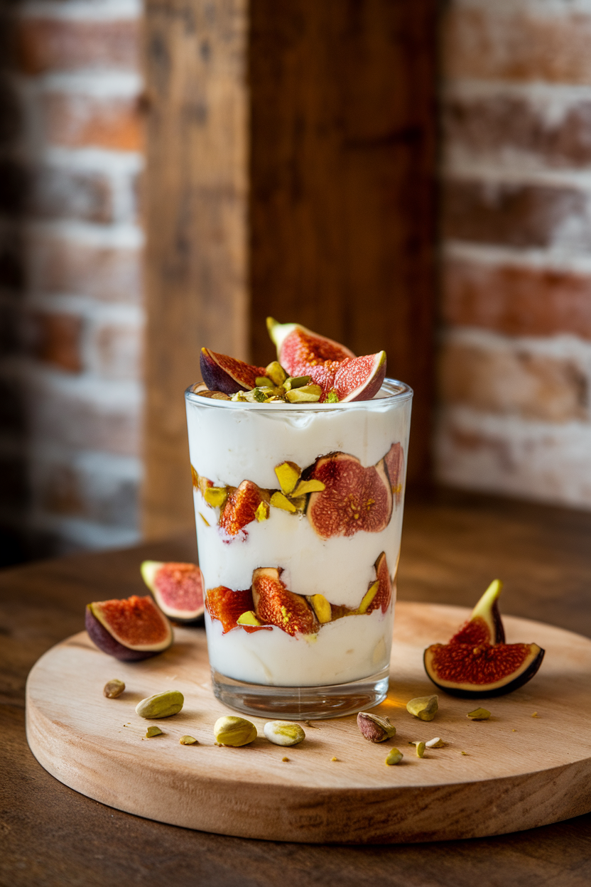 An indoor dessert glass layered with thick Greek yogurt, quartered ripe figs, and chopped pistachios drizzled with honey. No text or logos. Photo, not illustration.