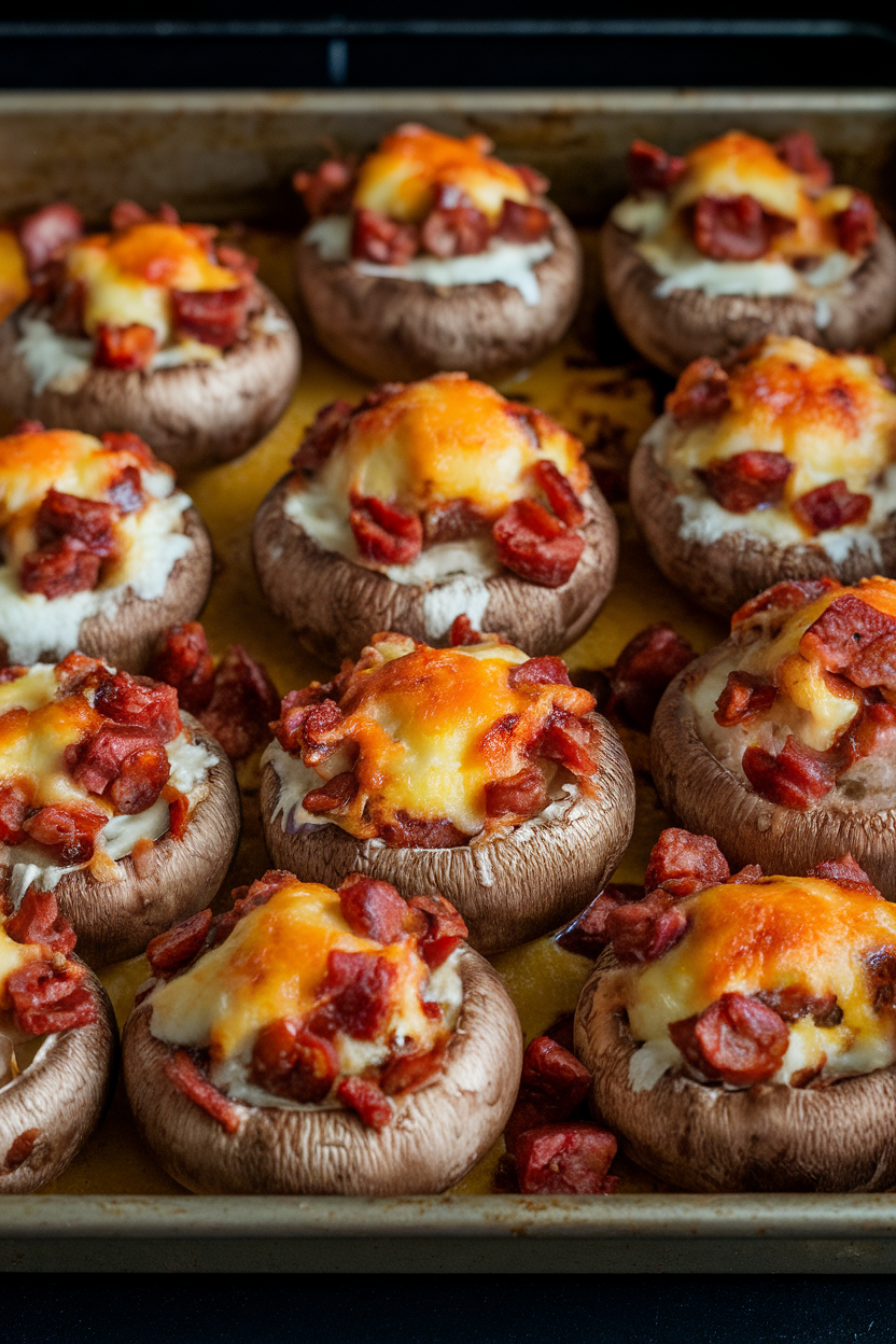 An indoor oven tray loaded with roasted cremini mushrooms overflowing with chorizo and cheese, the tops browned and bubbling. No text or logos. Photo, not illustration.