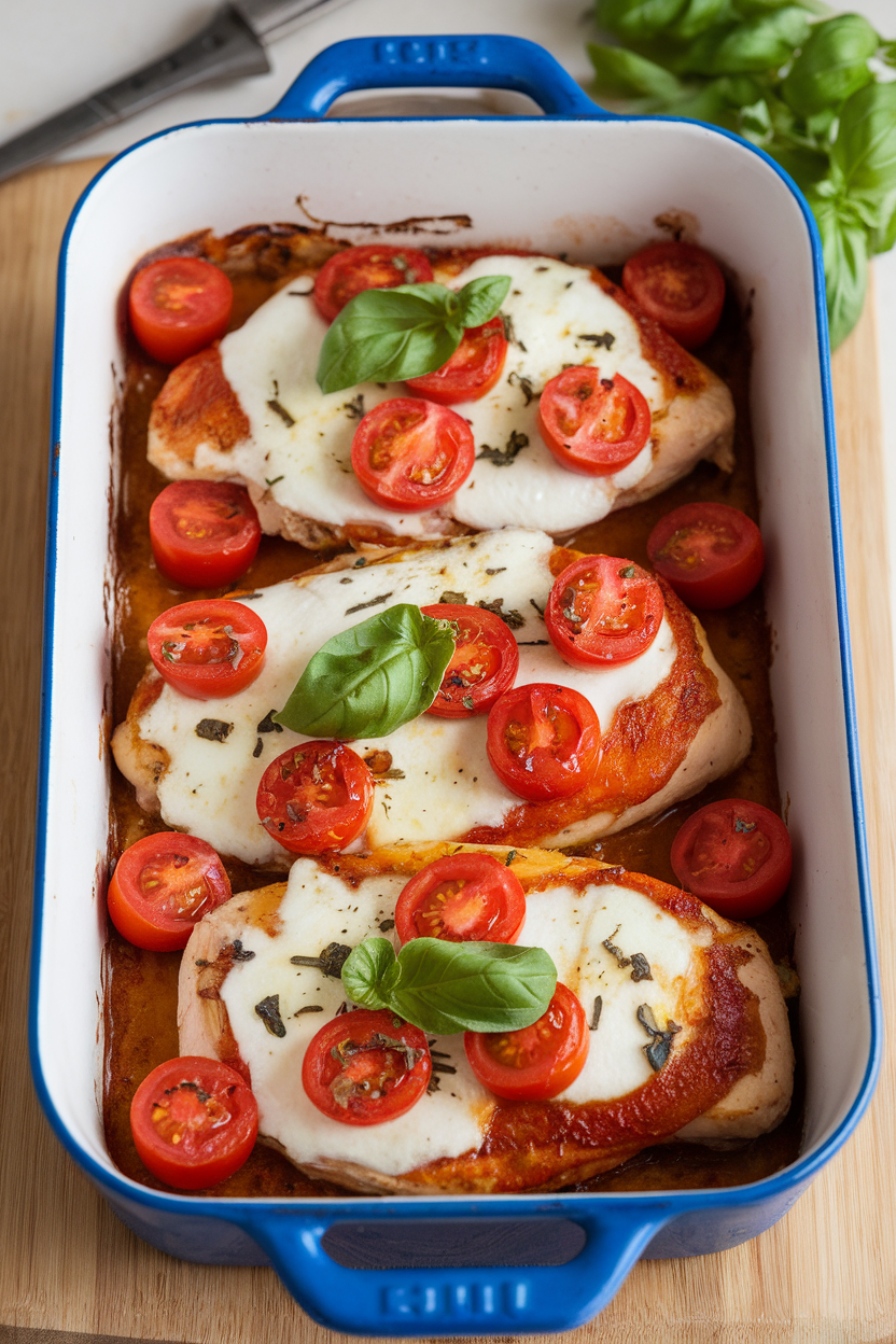 An indoor casserole dish showing chicken breasts topped with melted mozzarella, cherry tomatoes, and fresh basil leaves. No text or logos visible; photo only.