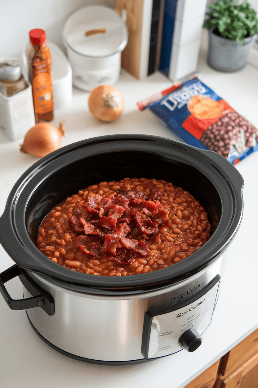 An indoor kitchen counter with a slow cooker insert full of thick, smoky baked beans topped with bits of cooked bacon. No text or logos; photo.