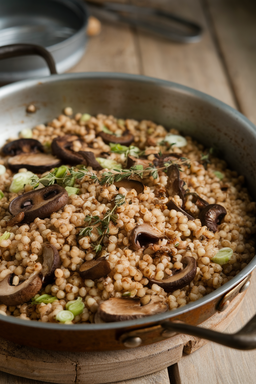 Indoor photo of bulgur grains mixed with roasted mushroom slices, thyme, and scallions in a rustic pan; no text or logos.