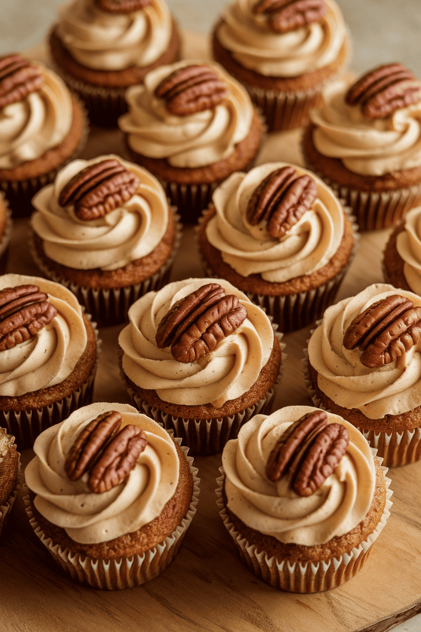 Indoor tabletop photo of maple cupcakes topped with maple buttercream and a glazed pecan, arranged on a wooden board; no text or logos