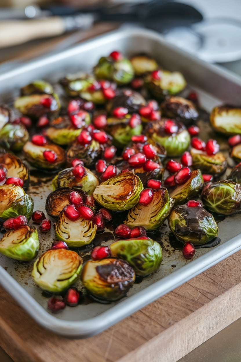 Indoor baking sheet of roasted Brussels sprouts glazed with balsamic and pomegranate seeds scattered on top. No text or logos.
