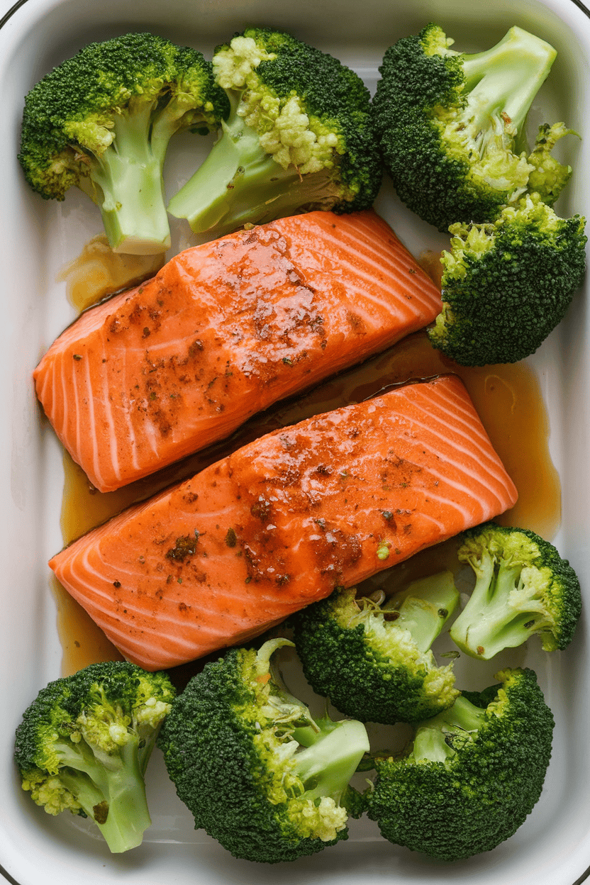 Indoor photo showing glazed salmon fillets beside bright green broccoli florets on a white meal-prep tray. Light glaze sheen visible, no text or logos.