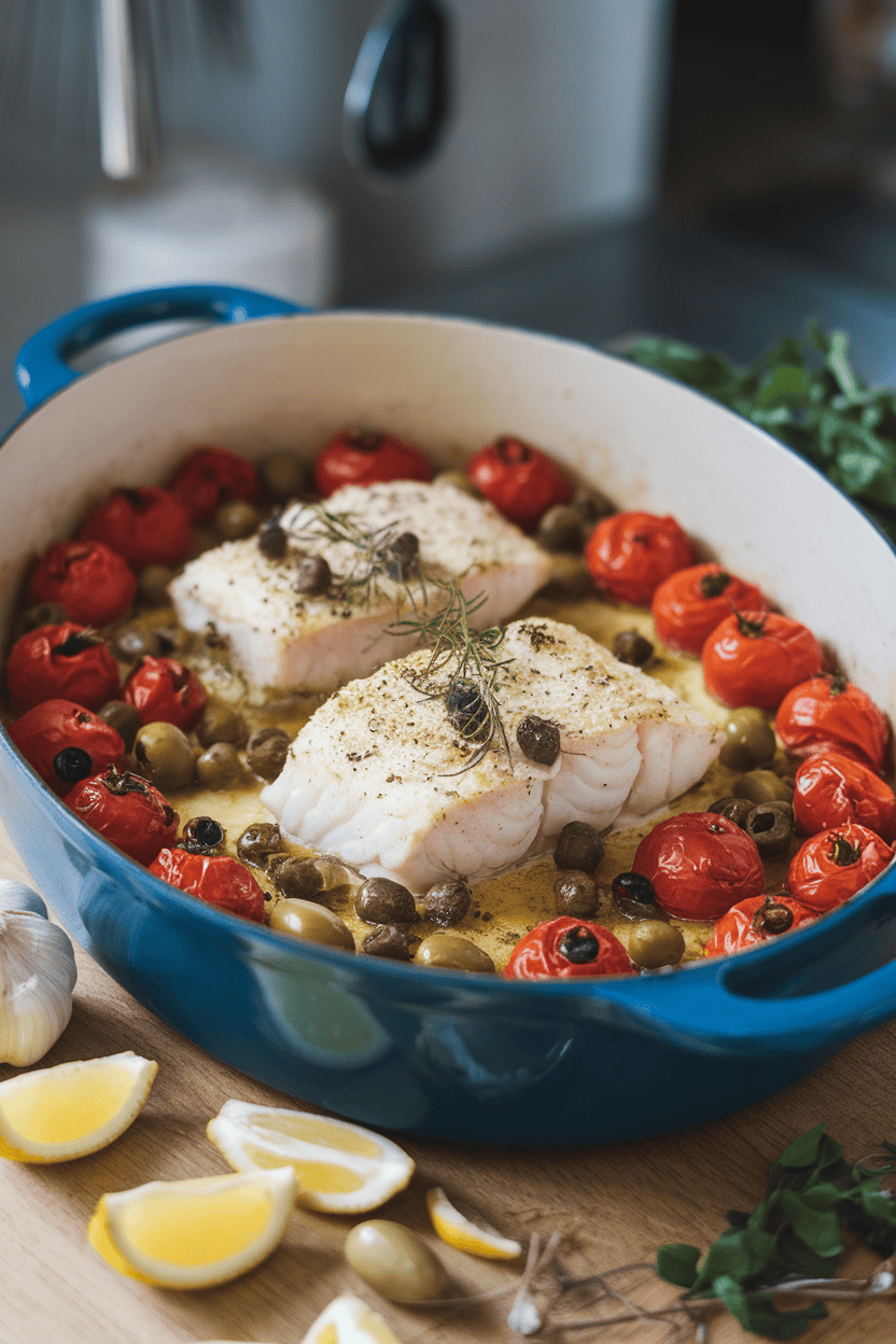 Photo of a casserole dish indoors featuring haddock fillets surrounded by roasted cherry tomatoes, olives, and capers. No logos or text.