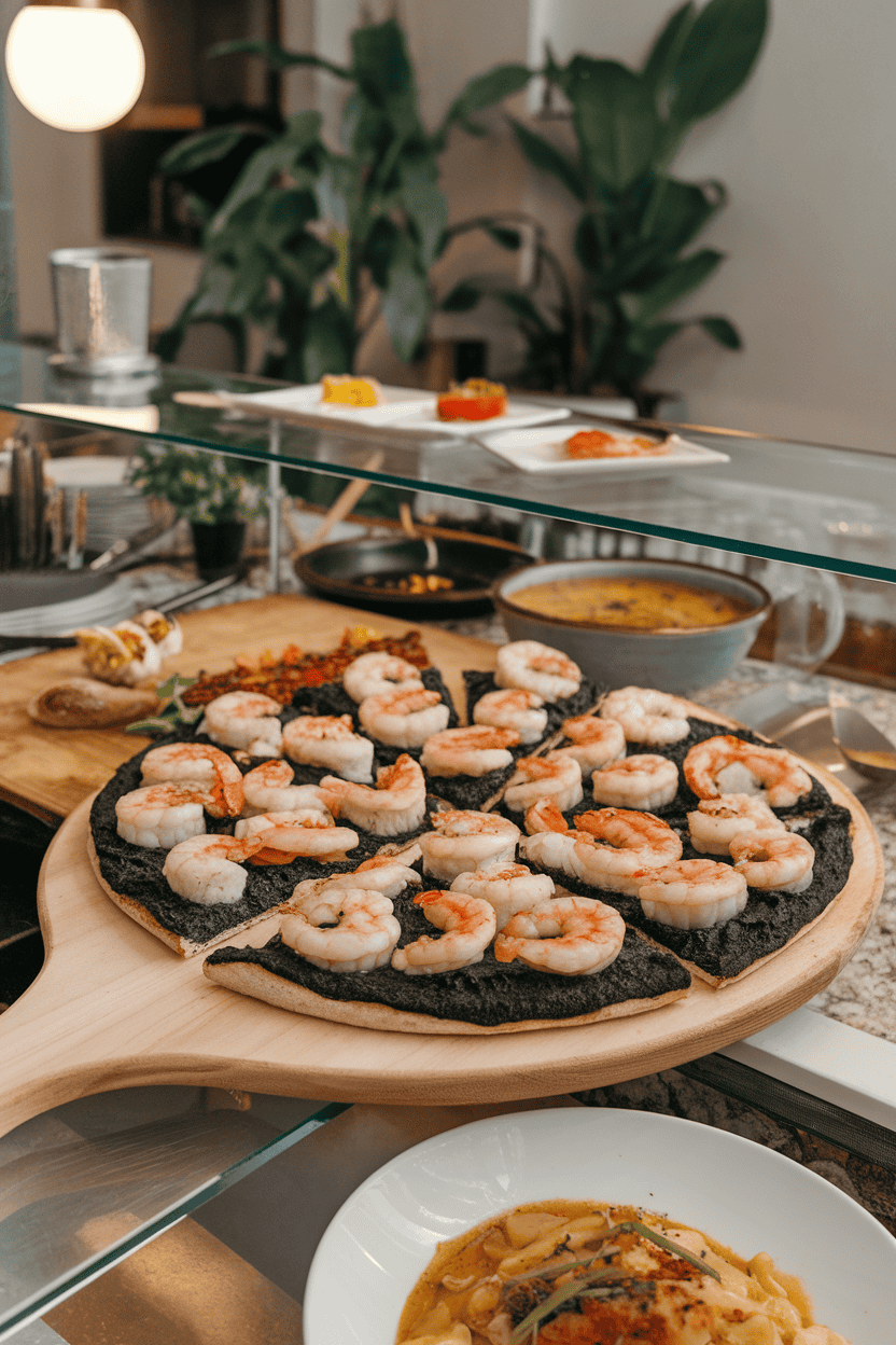 Indoor gourmet counter with a jet-black squid-ink pizza topped in cooked scallops, shrimp, and roasted garlic cloves. No text or logos.