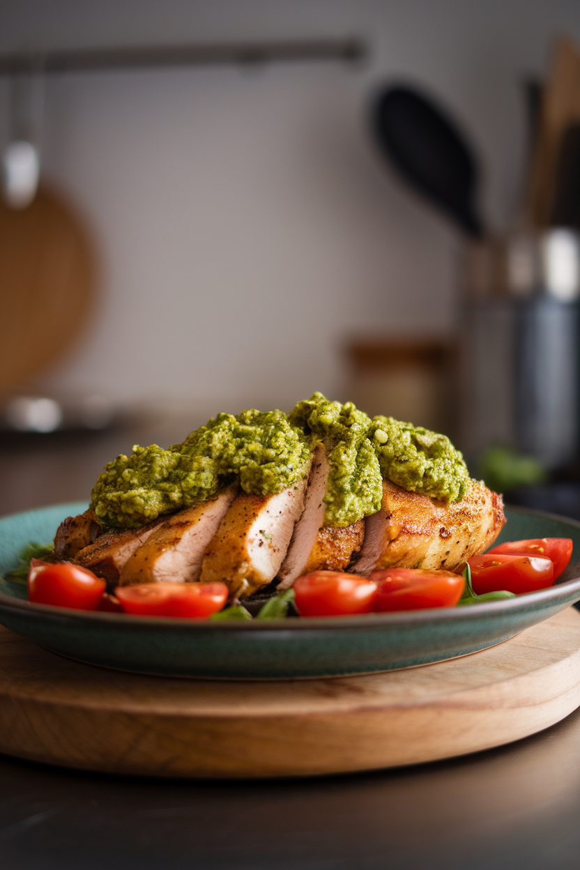 Indoor photo of seared chicken topped with vibrant green basil pesto, garnished with cherry tomatoes; diffused kitchen light, no text or logos