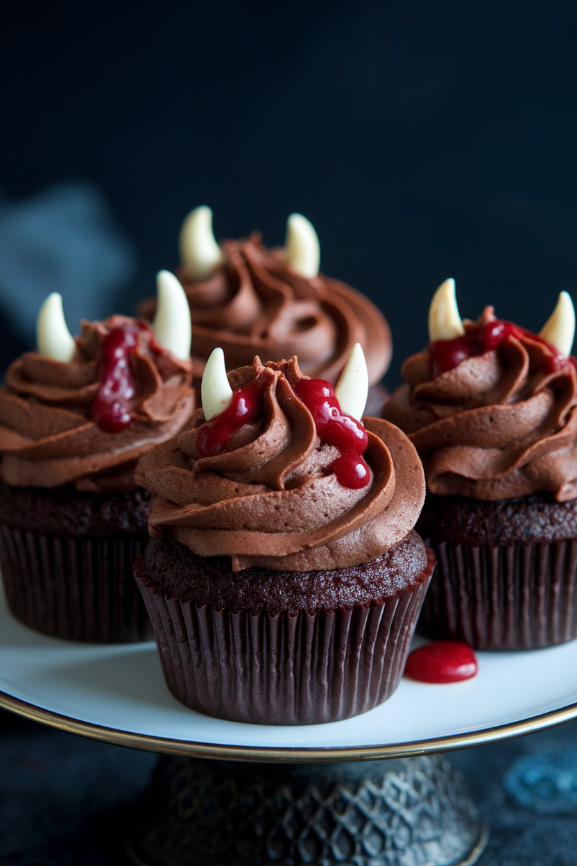 Indoor plate showing hazelnut chocolate cupcakes with raspberry “blood” filling oozing from two fang punctures, no text or logos.
