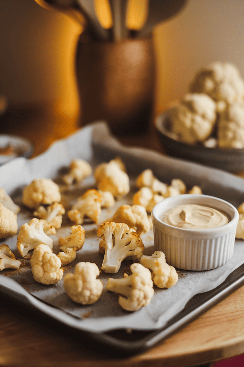Warm indoor setting featuring a parchment-lined sheet pan of golden roasted cauliflower florets with a small ramekin of creamy tahini sauce on the side. No text or logos. Photo, not illustration.