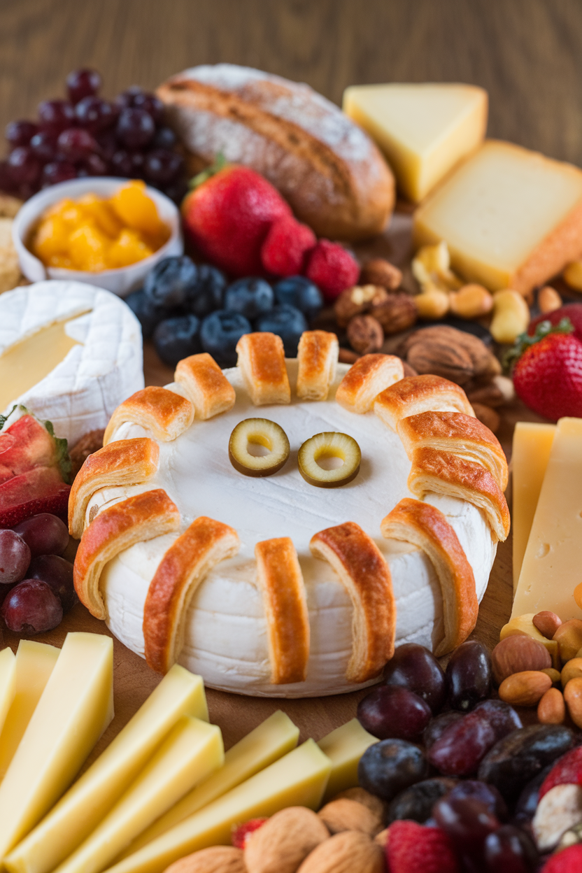 Indoor cheese board featuring a wheel of brie wrapped in puff pastry strips with two olive slice eyes visible. Photo, no text or logos.