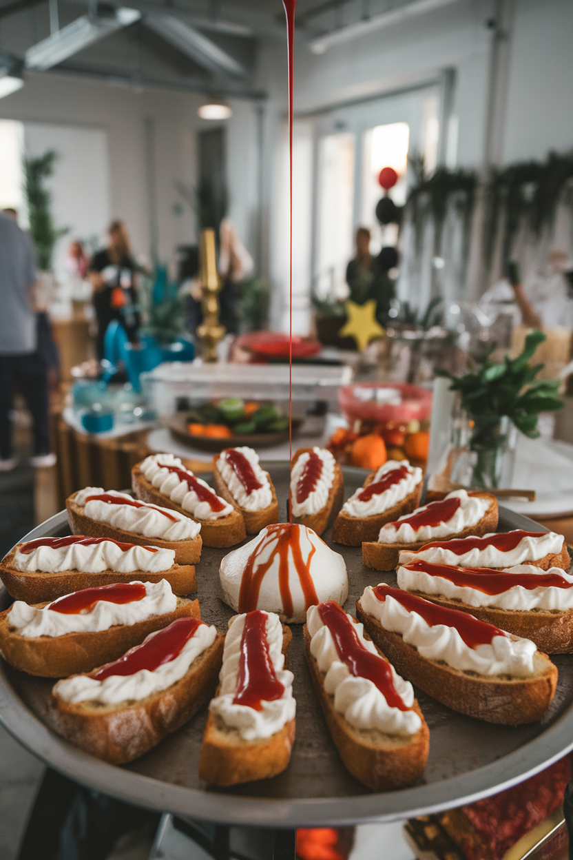 Indoor party tray with toasted baguette slices topped with creamy ricotta and two streaks of red roasted-pepper coulis dripping down. Photo, no text or logos.