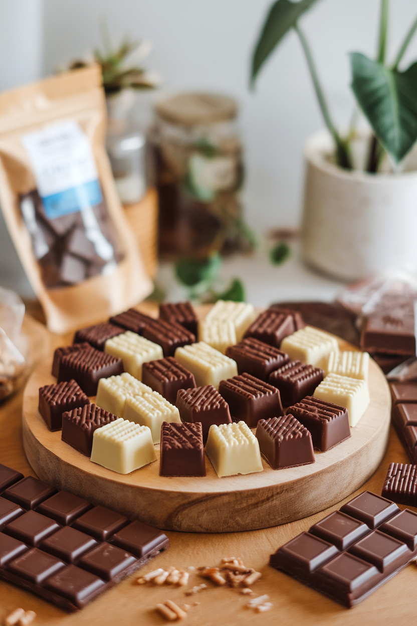 Photo of indoor wooden board with an assortment of bite-size chocolate bars—milk, dark, and crisped-rice—unbranded, no logos