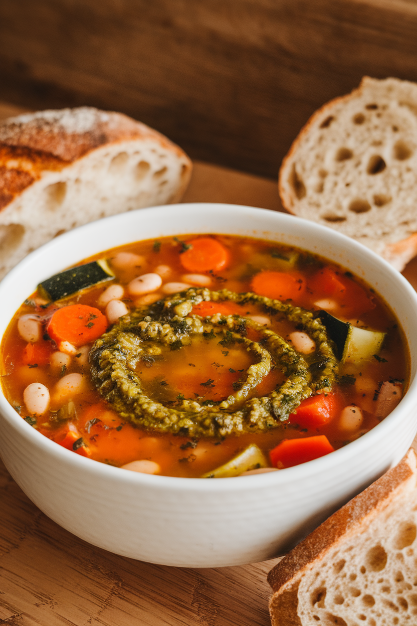 Photo of a bowl of vegetable minestrone soup indoors topped with a swirl of basil pesto; no text or logos.