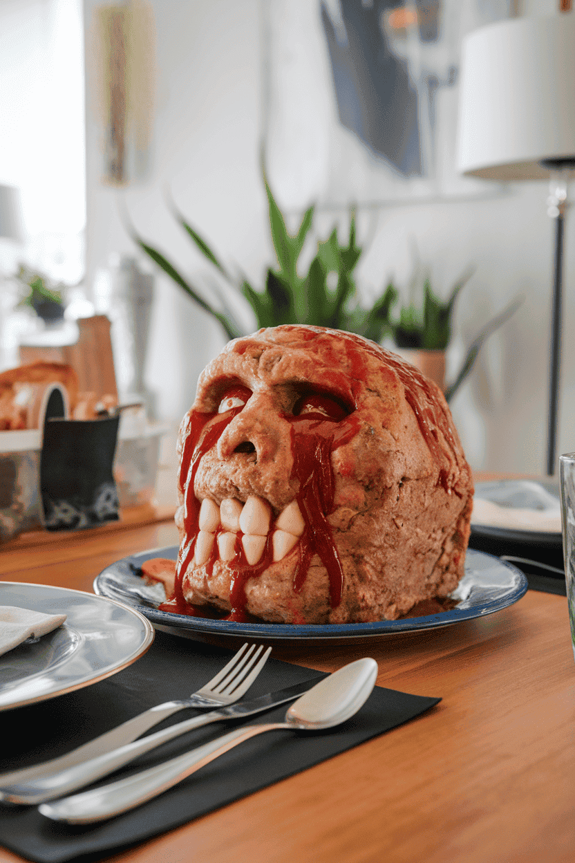 Indoor dining table showcasing a meatloaf shaped like a zombie head, ketchup “blood” oozing from eye sockets, mashed potato teeth visible. No text or logos; photo.