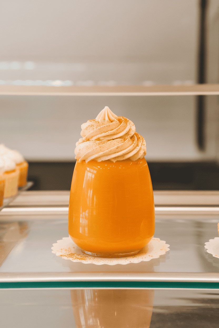 Indoor bakery counter displaying creamy orange carrot cake jello shots topped with a swirl of cream cheese frosting, no text or logos