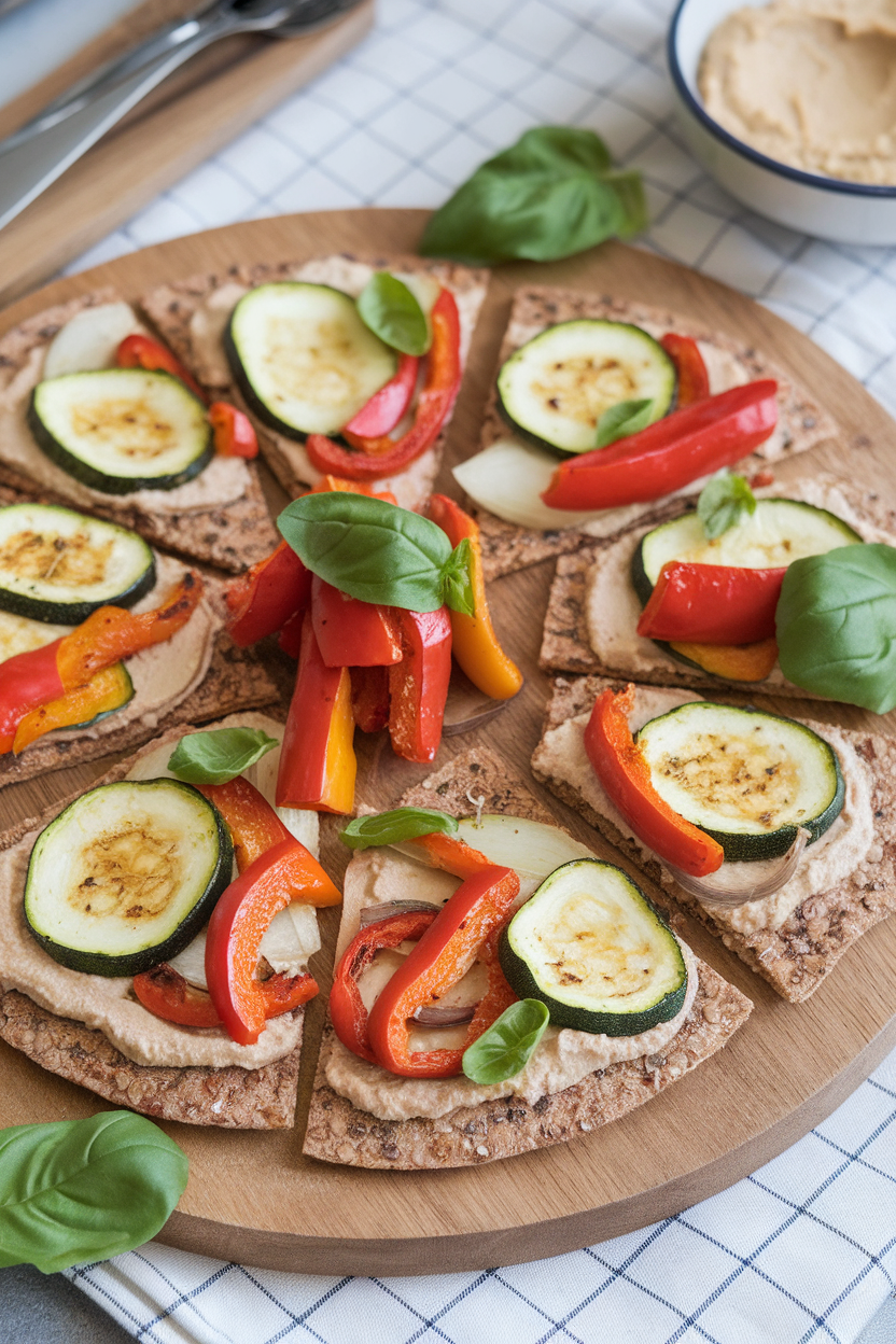 An indoor board displaying whole-grain flatbreads spread with hummus and topped with roasted zucchini, peppers, and onions. No text or logos; photography only.