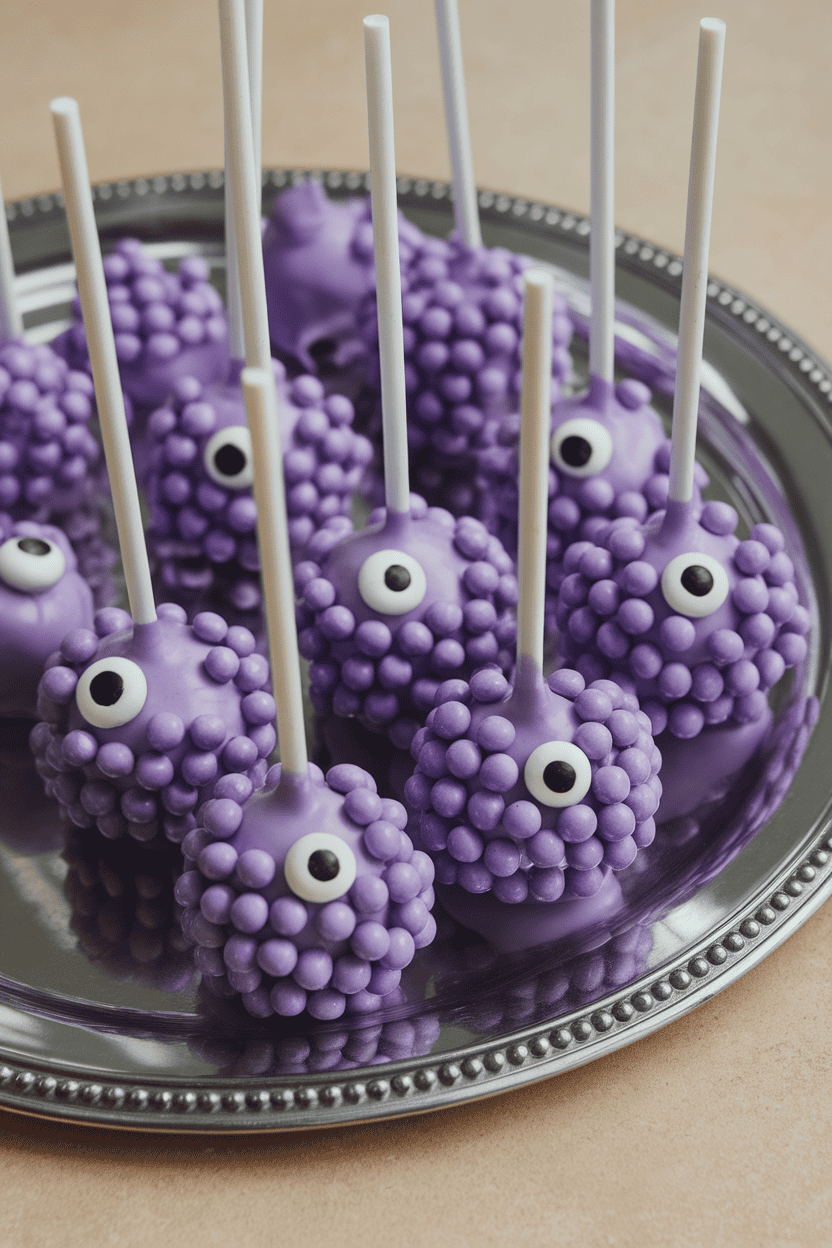 Purple candy-dipped cake pops with clusters of mini candy eyes, set indoors on a silver tray; no logos or text. Photo.