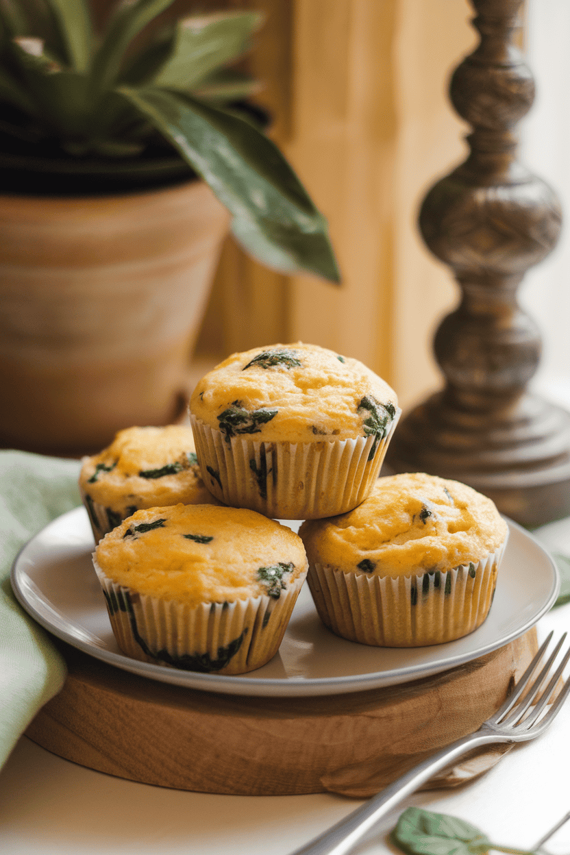 A warm indoor breakfast nook featuring a plate of three golden egg white muffins studded with green spinach, resting beside a fork and cloth napkin. Photo only, no text or logos visible.