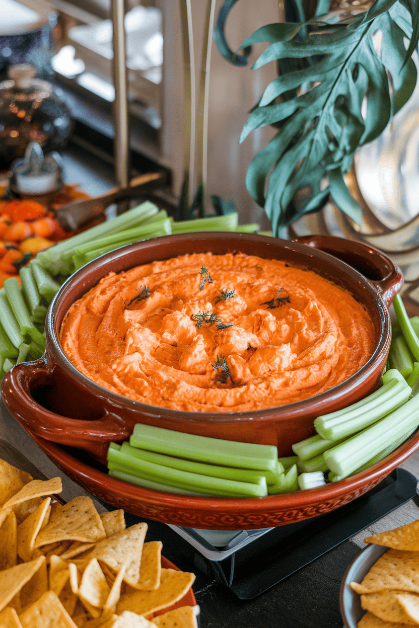 Photo of a bubbling ceramic dish filled with creamy orange buffalo chicken dip, surrounded by celery sticks and tortilla chips on an indoor buffet. No logos or text in view.
