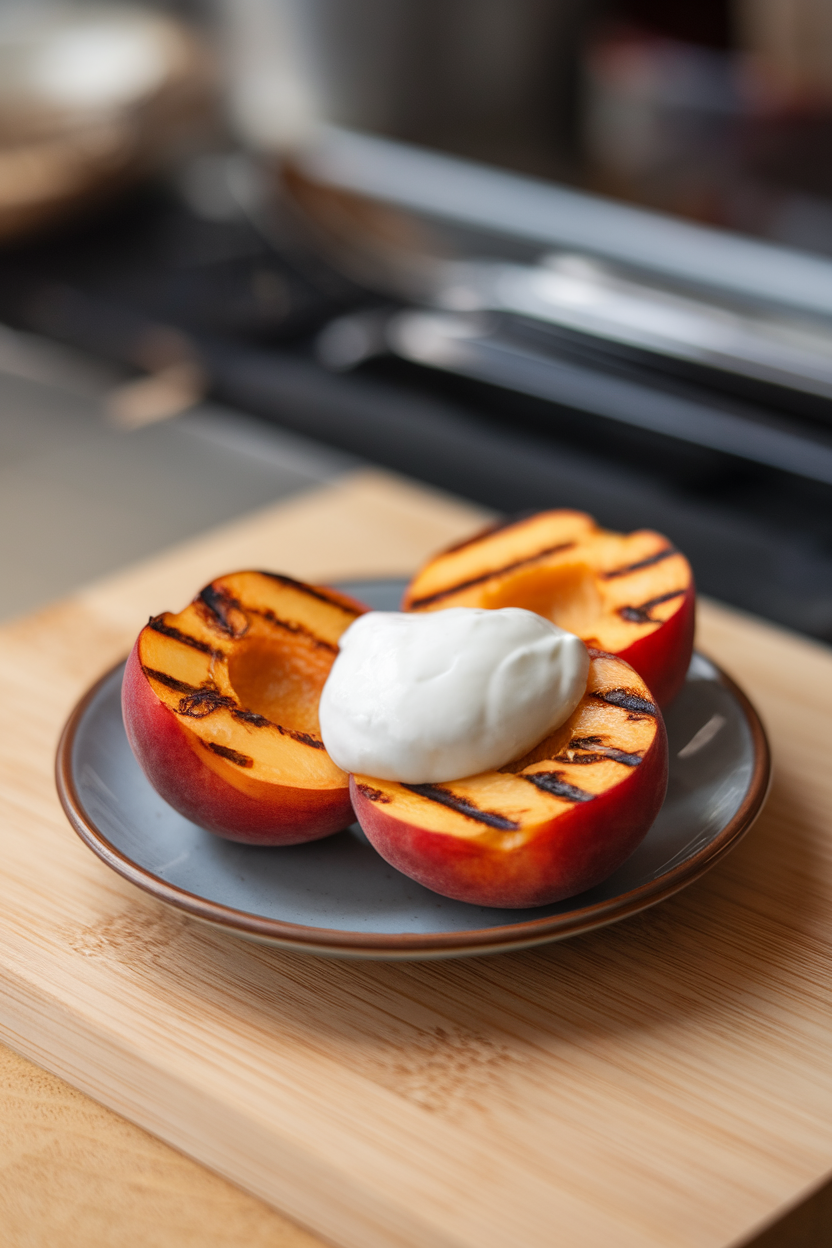 Indoor photo of grilled peach halves with grill marks served on a small plate with a dollop of Greek yogurt; no text or logos