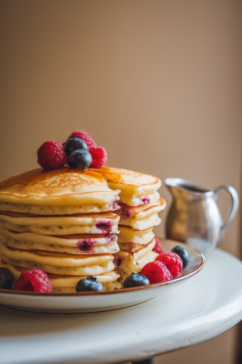 A stack of fluffy berry-flecked pancakes on an indoor brunch plate, a small jug of maple syrup nearby, shot at a slight side angle. No text or logos in frame.