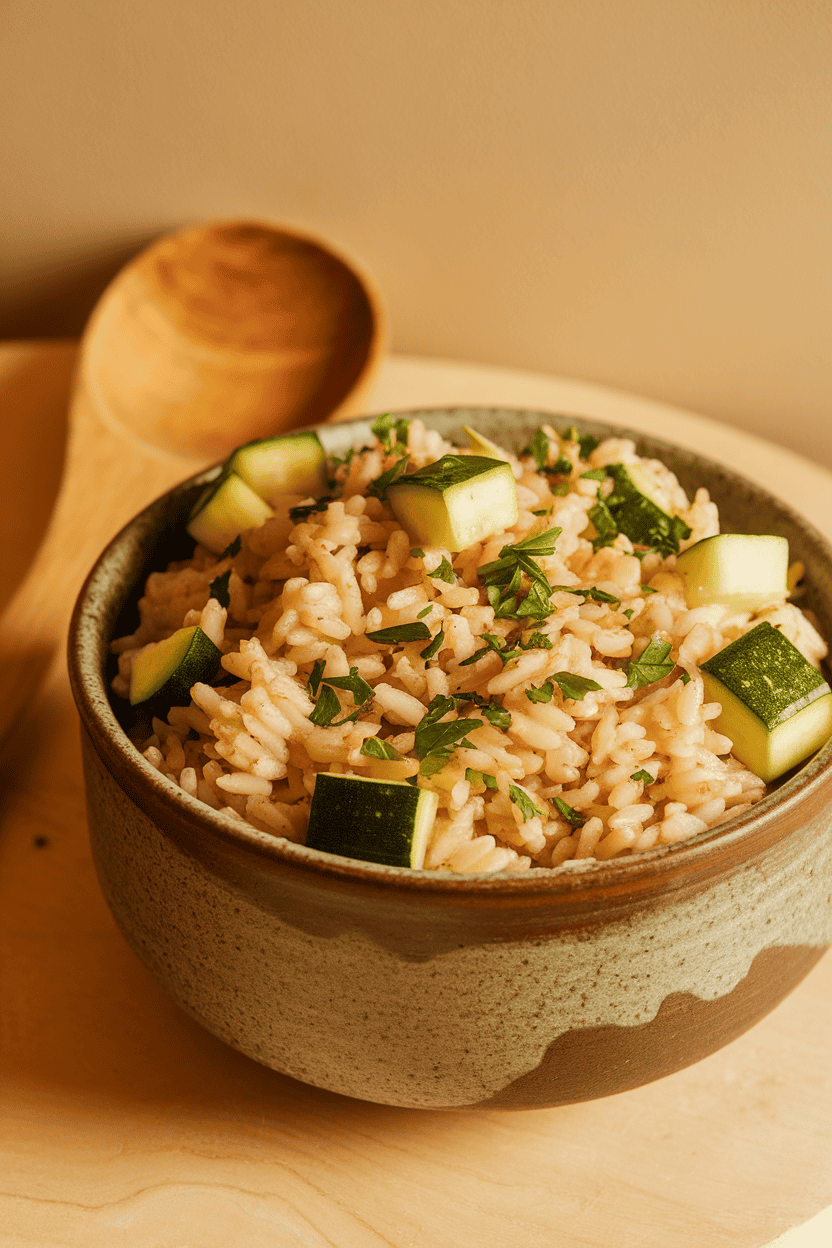 Indoor shot of a ceramic bowl filled with brown rice pilaf studded with zucchini cubes and chopped parsley, a wooden spoon nearby. Photo only, text-free.
