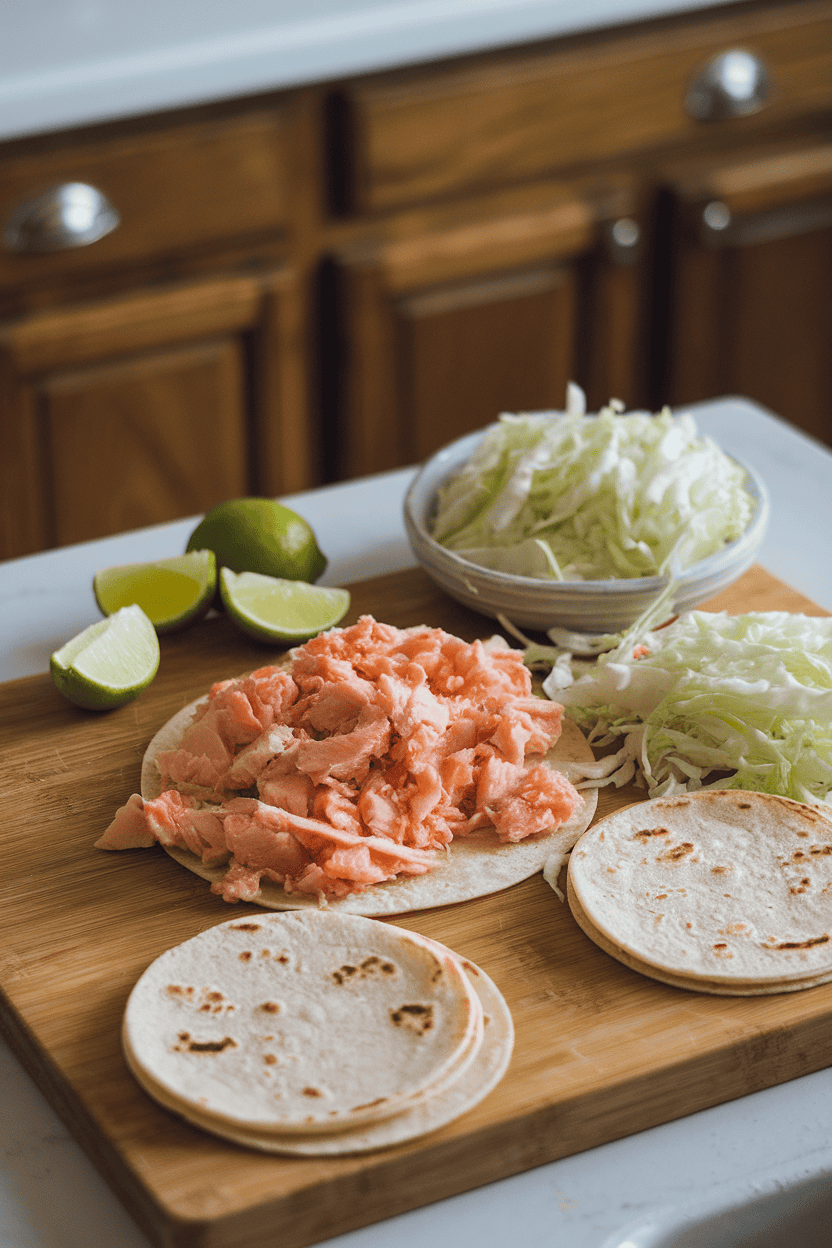 Indoor taco assembly board with flaked haddock, lime wedges, shredded cabbage, and small tortillas. Photo only, no logos or text.