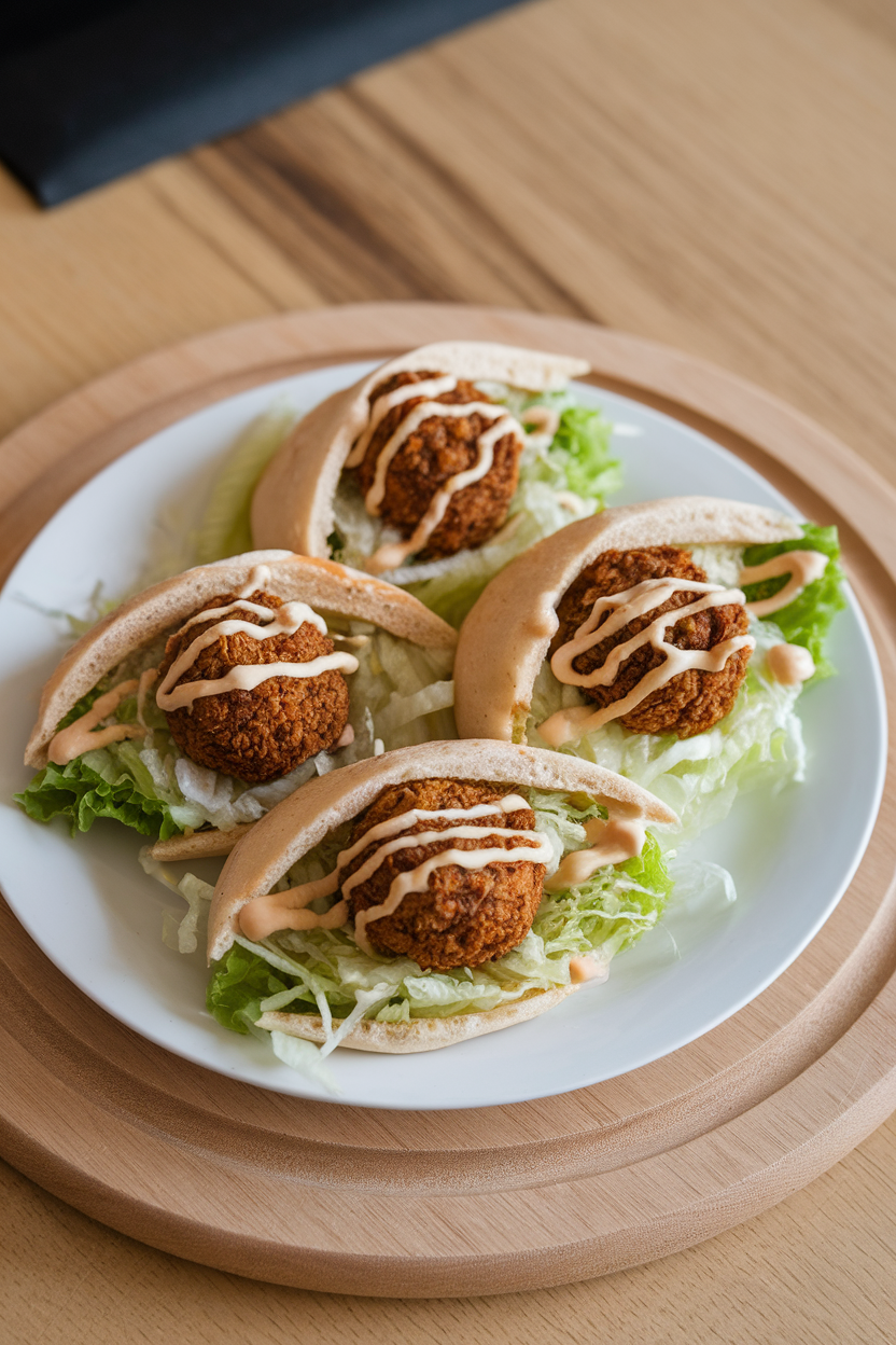 An indoor lunch plate featuring small pita halves filled with crispy falafel, shredded lettuce, and tahini drizzle. No text or logos. Photo, not illustration.