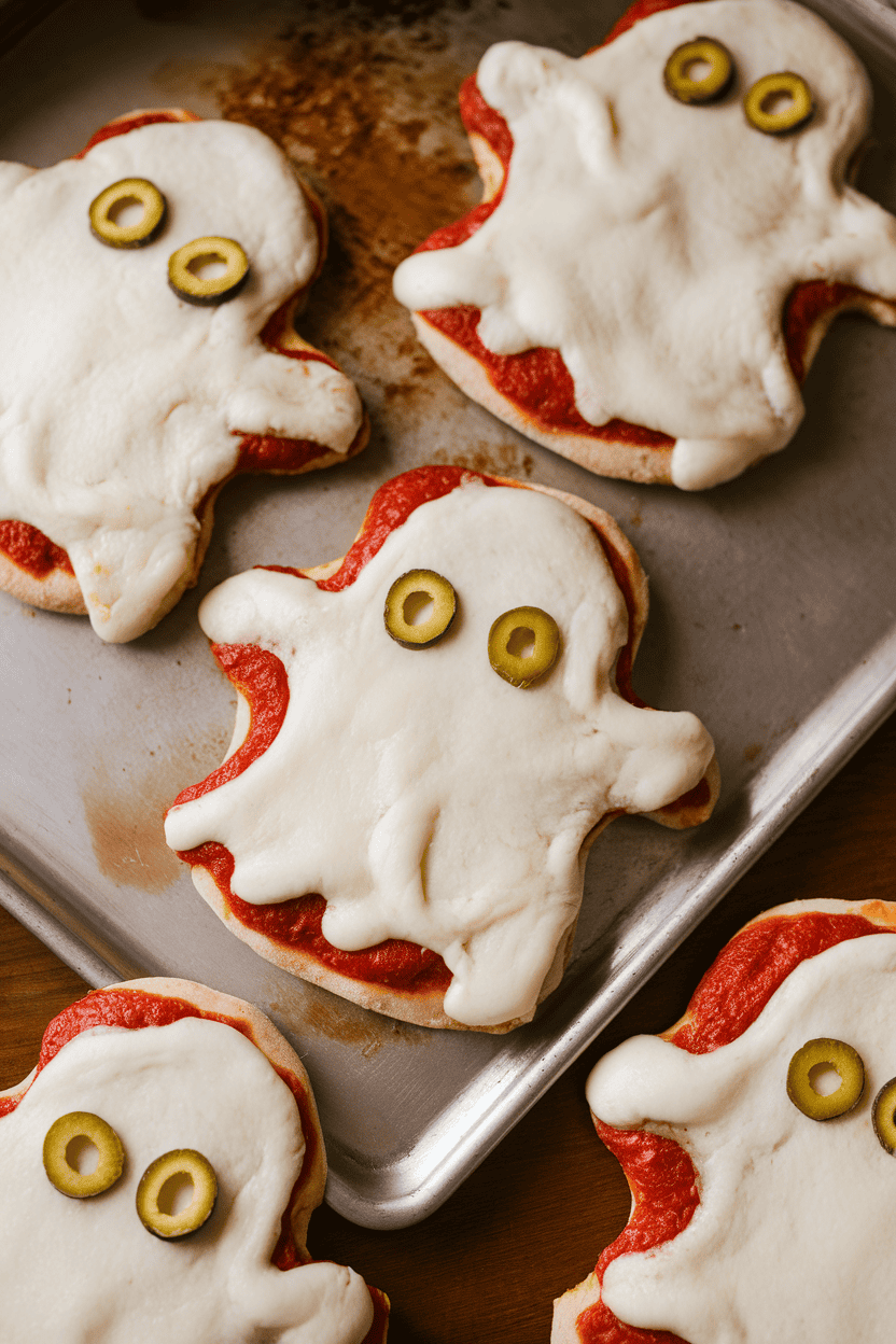Indoor photo of personal white pizzas topped with melted mozzarella shaped like ghosts, olive-slice eyes, on a baking stone. Overhead light, no text or logos.