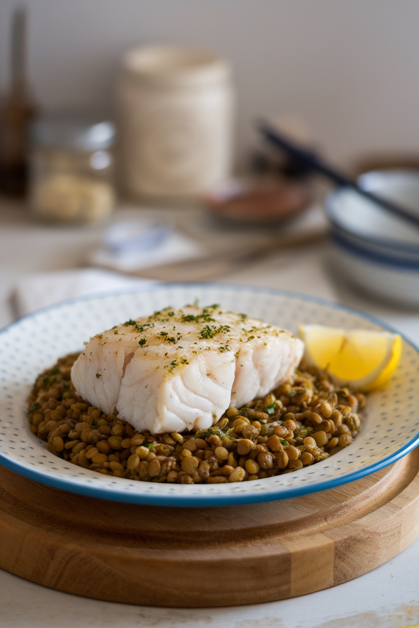 An indoor dining plate presenting a flaky cooked cod fillet on a bed of herbed lentil pilaf, lemon wedge on the side. No text or logos; photo only.