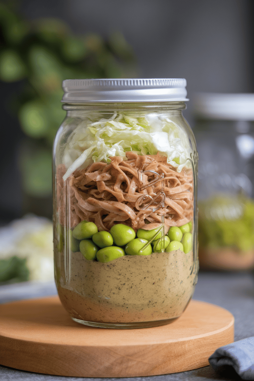 Photo of a mason jar indoors layered with soba noodles, edamame, shredded cabbage, and sesame vinaigrette at bottom, no text or logos.