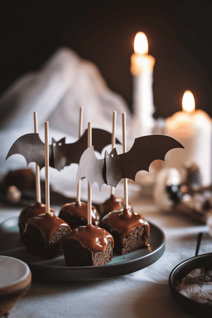 Dark brownie cake pops with shiny brown butter glaze and attached paper bat wings, indoor candlelit scene; no logos or text. Photo.