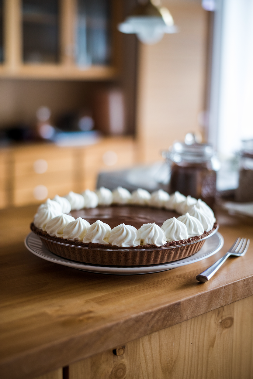 Indoor photo of a chocolate silk pie with a velvety filling and piped whipped cream rosettes along the edge, set on a wooden counter. No text or logos.