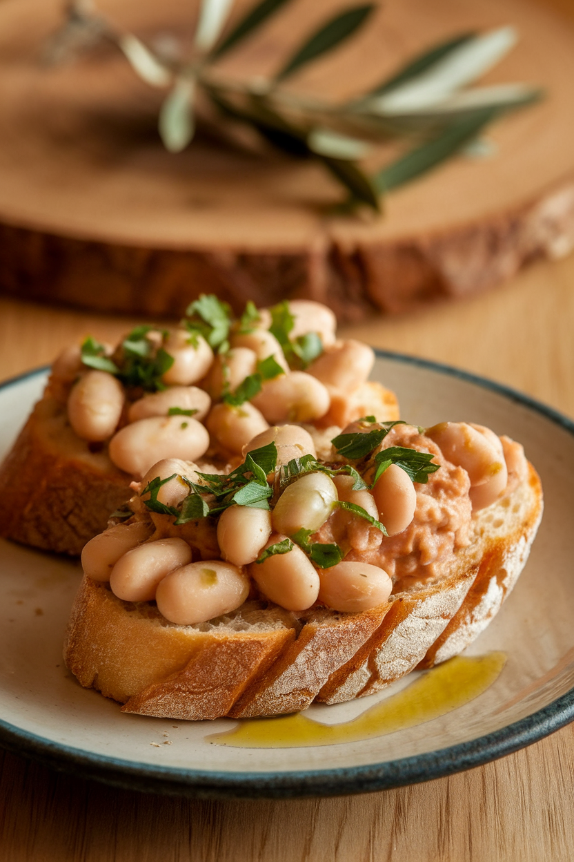 An indoor appetizer plate with toasted rustic bread topped with mashed Cannellini beans, chopped parsley, and a drizzle of olive oil; warm light, no logos present.