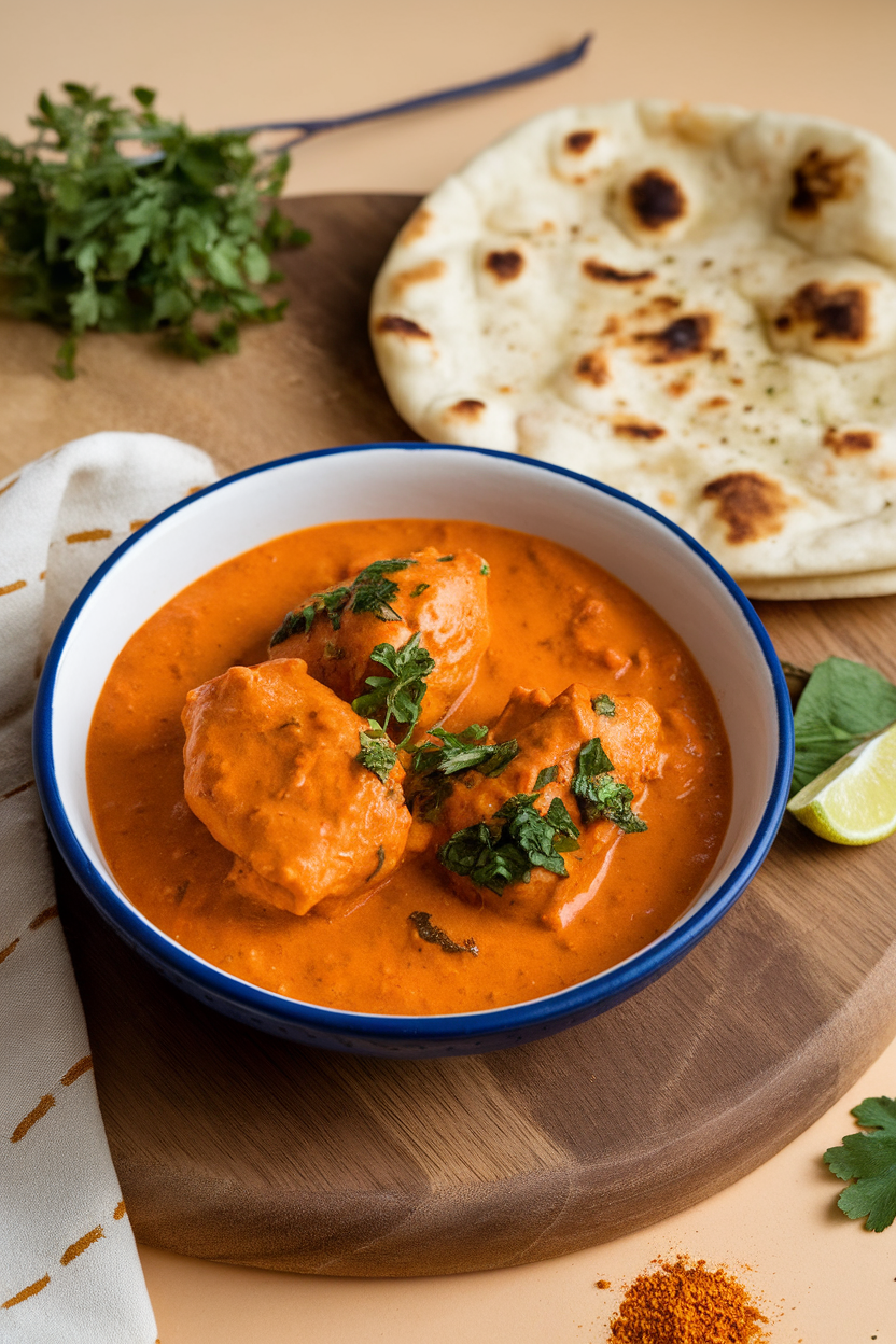 Indoor photo of bowl filled with orange chicken tikka masala sauce, pieces of chicken visible, served with naan, no text or logos. Photo only.