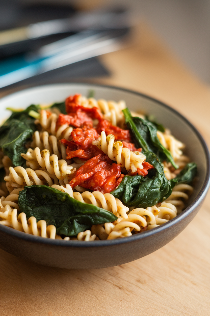 Photo, indoor bowl with fusilli coated in sun-dried tomato pesto and wilted spinach leaves; no text or logos.