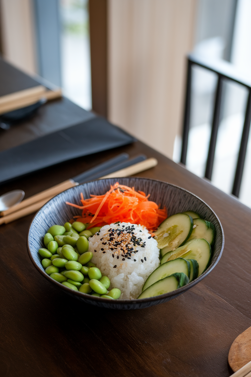 An indoor dining table featuring a bowl of sushi rice, edamame, shredded carrots, cucumber ribbons, and avocado slices, sprinkled with sesame seeds. No text or logos; photo only.