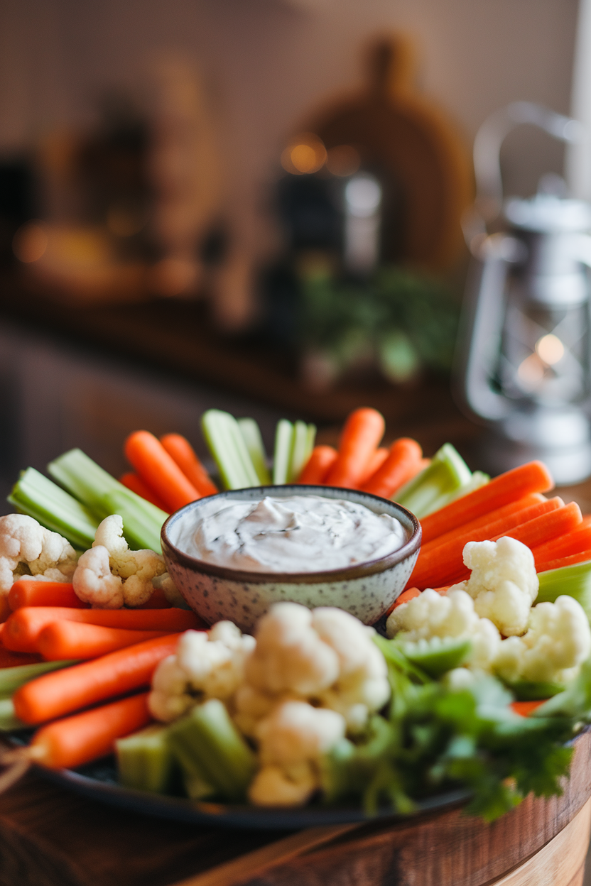 Indoor photo of a small bowl of creamy white ranch dip surrounded by vibrant cut vegetables on a platter. Soft countertop lighting, no text or logos.