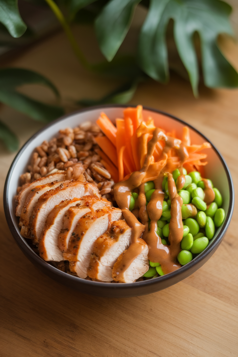 Indoor photo of a bowl featuring sliced roasted chicken, farro, steamed edamame, shredded carrots, and orange sesame dressing in a drizzle. No text or logos.