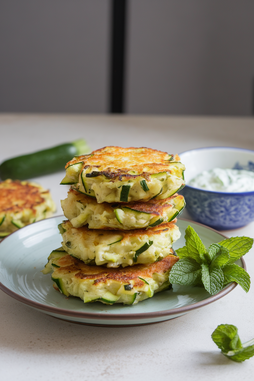Photo of golden zucchini fritters stacked on a plate indoors with mint leaves and tzatziki; no text or logos.