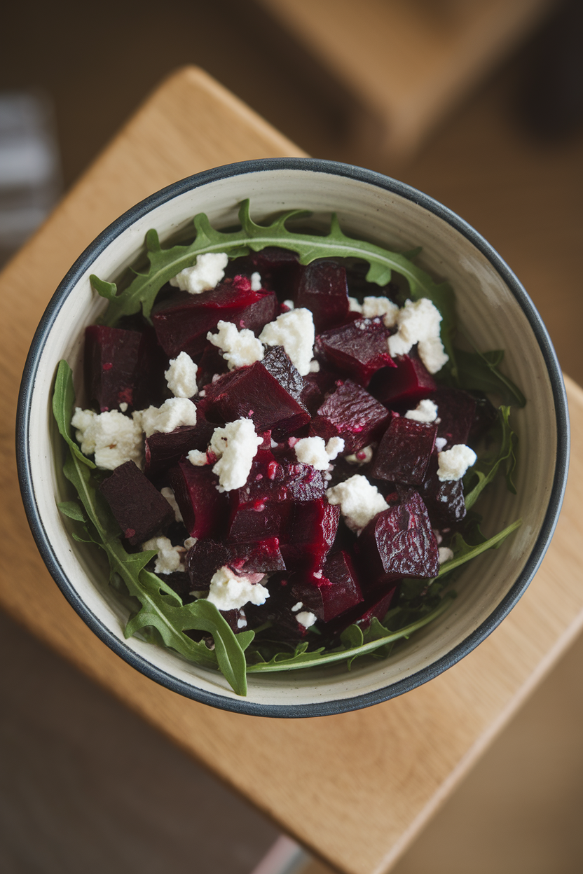 Indoor photo of diced roasted beets, goat cheese crumbles, and arugula in a shallow bowl, overhead. No logos.