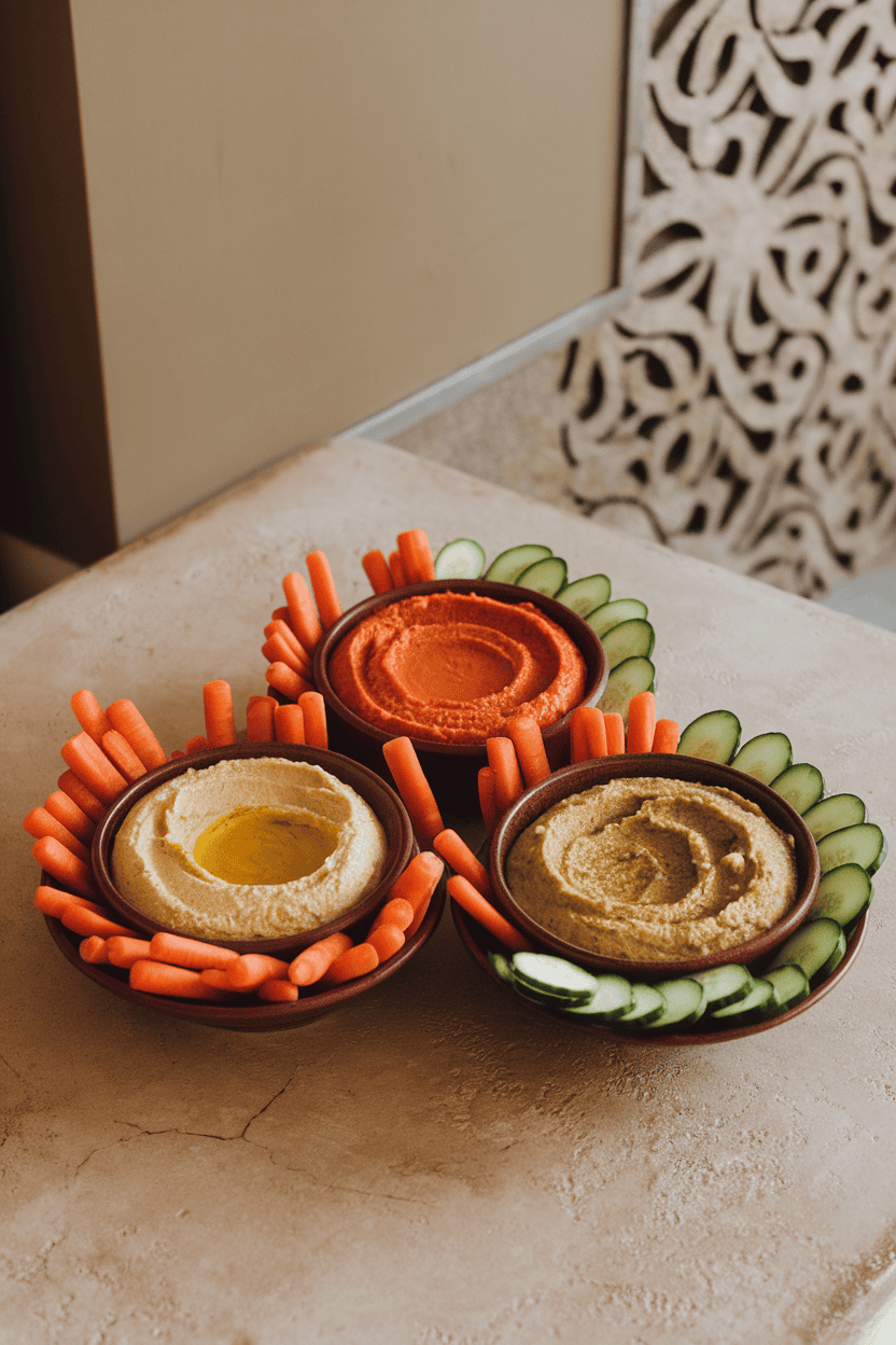 Photo of three small ceramic bowls holding classic, roasted red pepper, and pesto hummus, surrounded by carrot and cucumber sticks on an indoor coffee table. No logos or text anywhere.