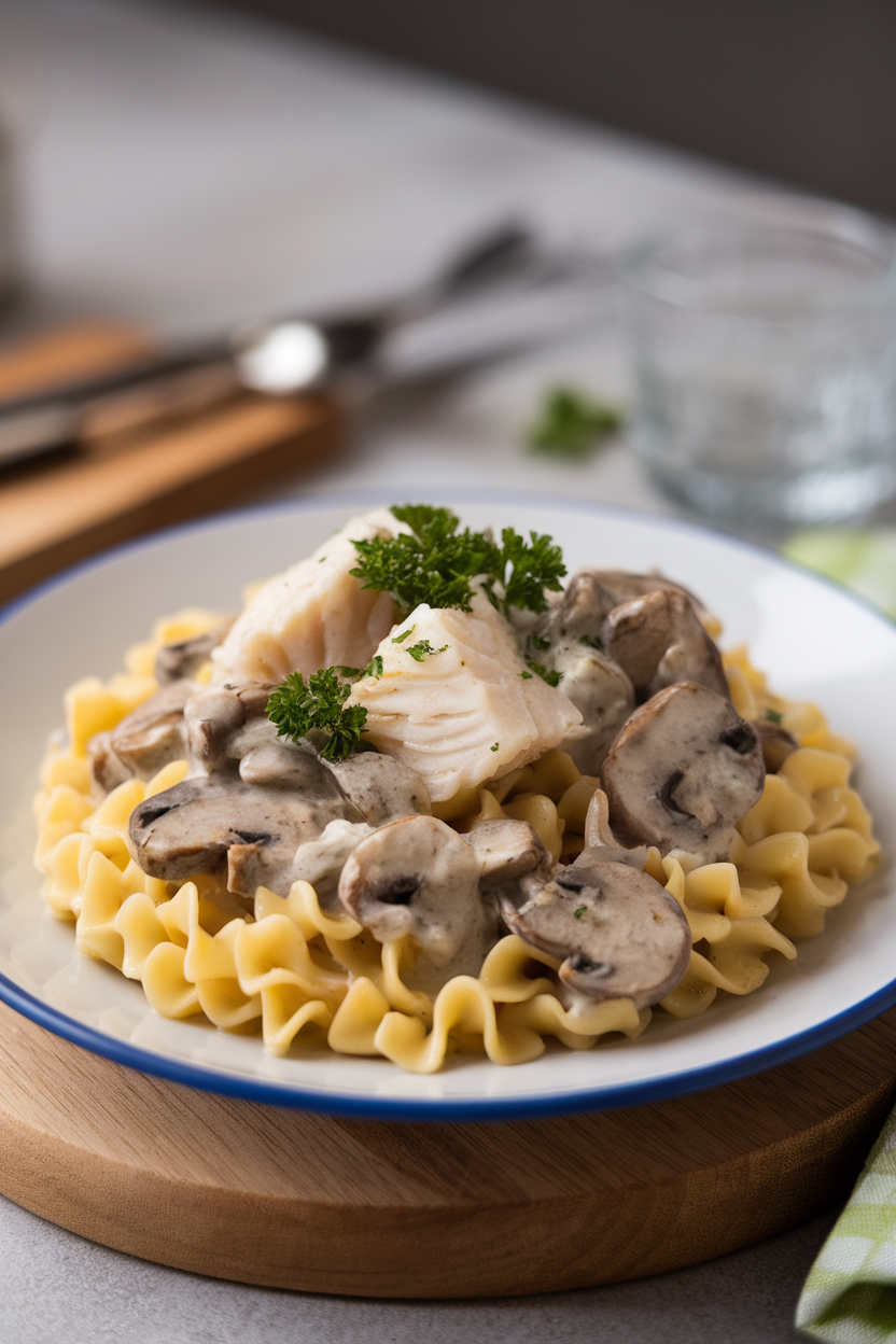 Indoor plate of egg noodles coated in mushroom cream sauce with chunks of cod, topped with fresh parsley. No text or logos.