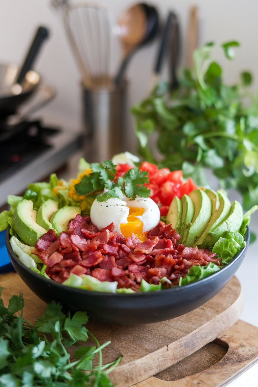Indoor salad bowl filled with chopped bacon, lettuce, avocado, tomato, and a poached egg in the center. No text or logos.