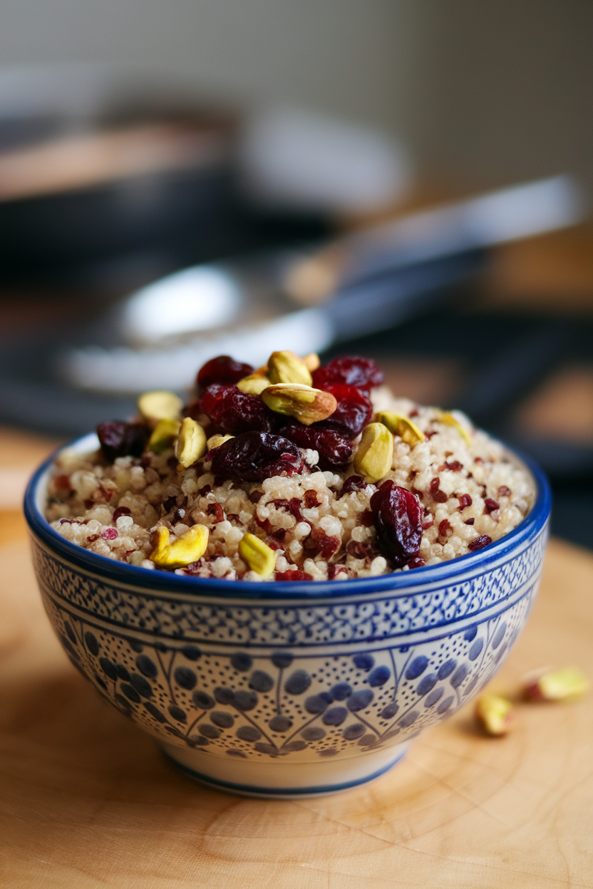 Indoor shot of quinoa peppered with dried cranberries and chopped pistachios in a decorative bowl; no text or logos.