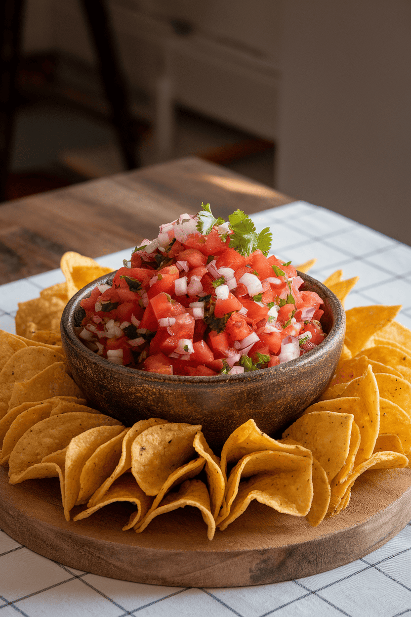 Photo of a rustic bowl overflowing with fresh pico de gallo surrounded by a ring of tortilla chips on an indoor table. No text or logos anywhere in sight.